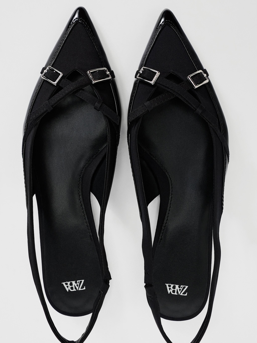Zara Black Pointed Slingback Flats with Silver Buckles